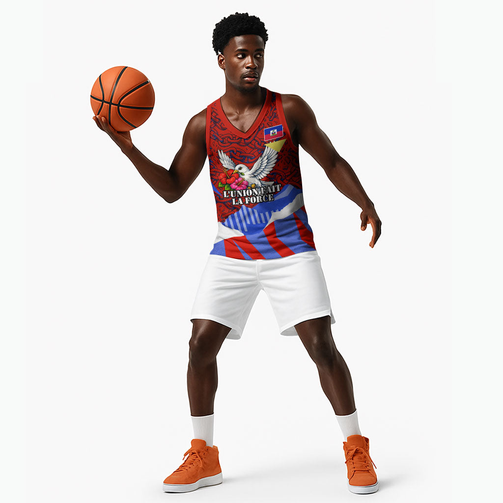 Haiti Flag Day Soul Of The Free L Union Fait La Force Basketball Jersey Peace Dove And Power Fist Art With Hibiscus And Broken Chains