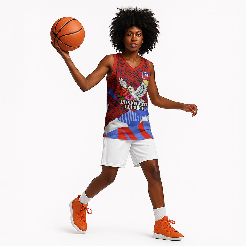 Haiti Flag Day Soul Of The Free L Union Fait La Force Basketball Jersey Peace Dove And Power Fist Art With Hibiscus And Broken Chains