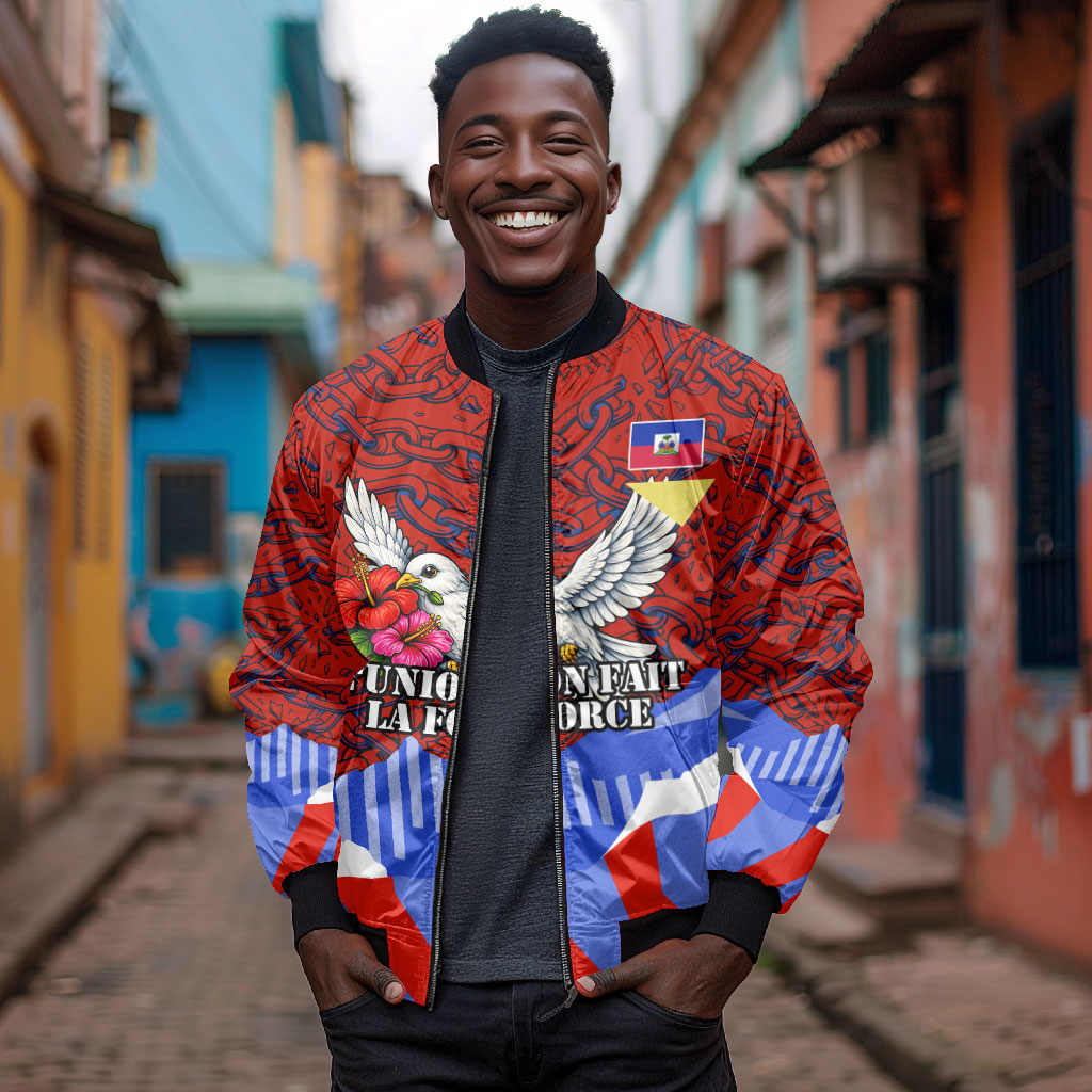 Haiti Flag Day Soul Of The Free L Union Fait La Force Bomber Jacket Peace Dove And Power Fist Art With Hibiscus And Broken Chains
