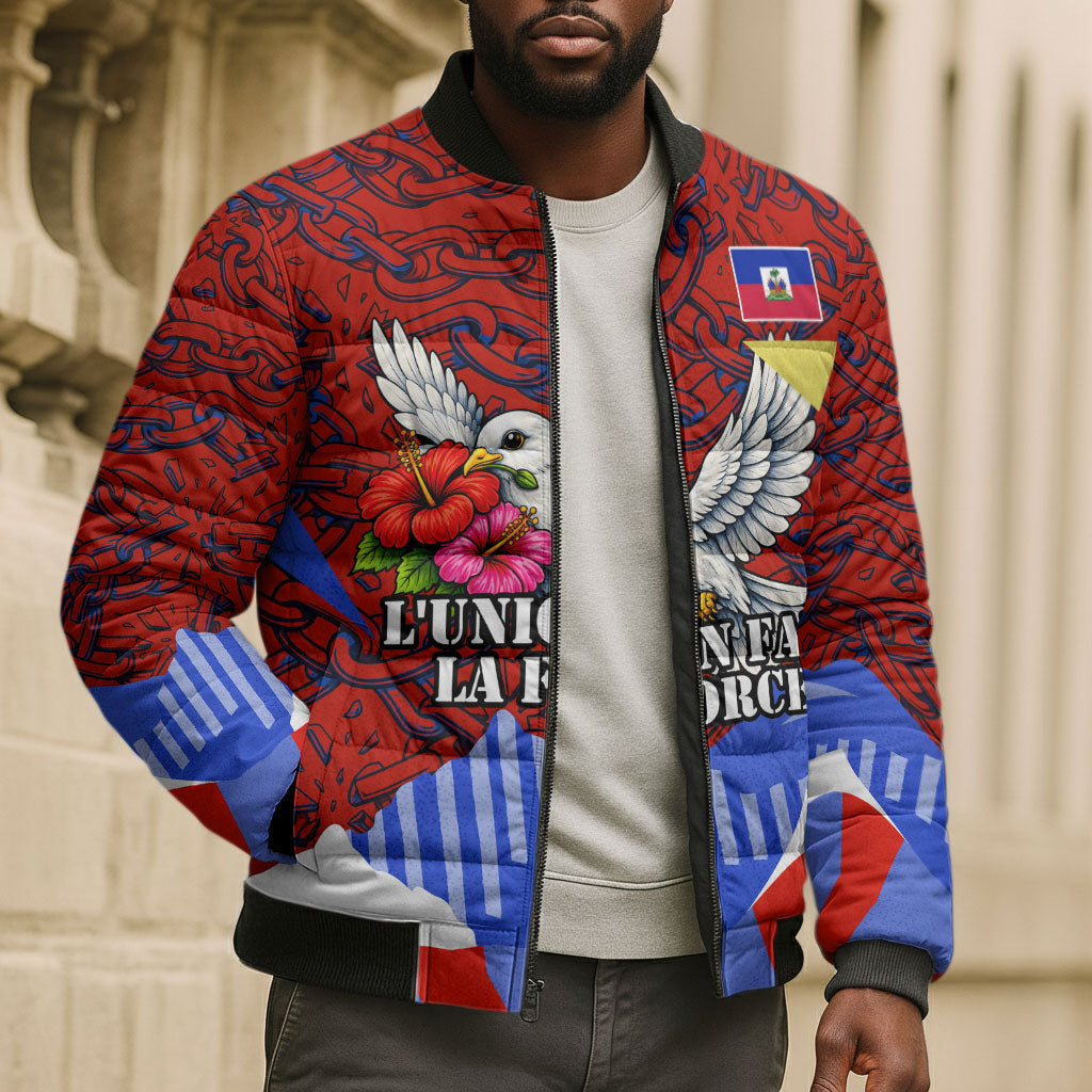 Haiti Flag Day Soul Of The Free L Union Fait La Force Bomber Puffer Jacket Peace Dove And Power Fist Art With Hibiscus And Broken Chains