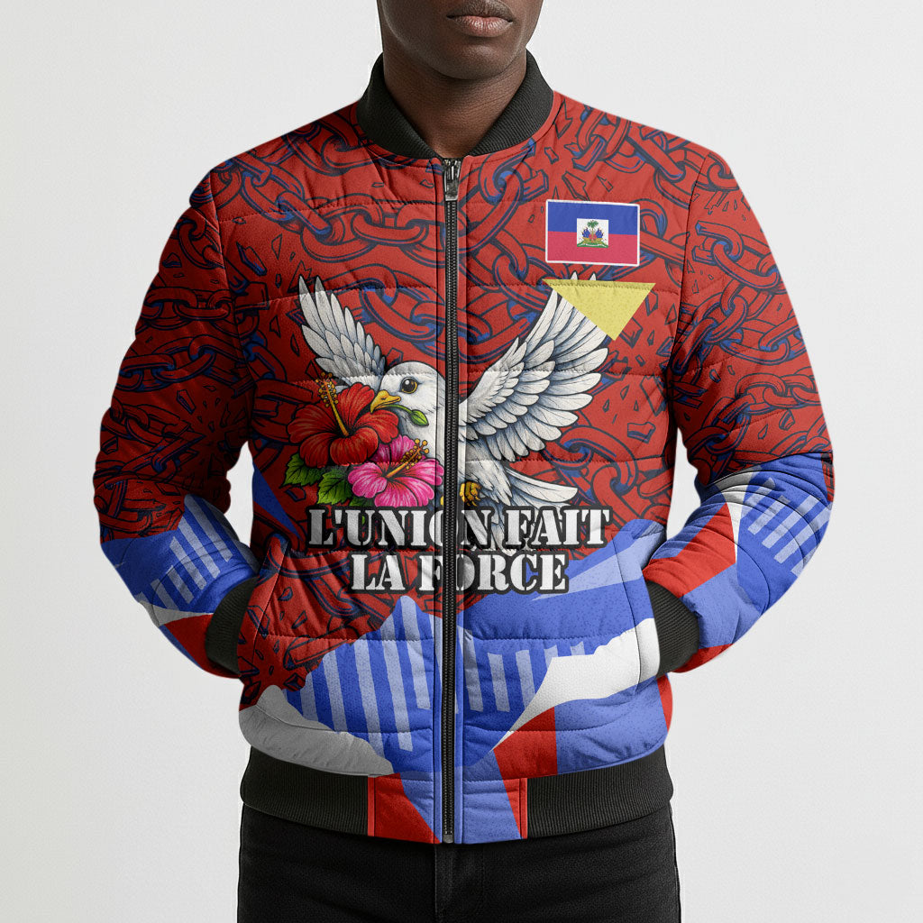 Haiti Flag Day Soul Of The Free L Union Fait La Force Bomber Puffer Jacket Peace Dove And Power Fist Art With Hibiscus And Broken Chains