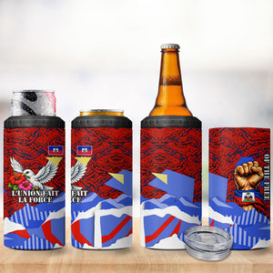 Haiti Flag Day Soul Of The Free L Union Fait La Force 4 in 1 Can Cooler Tumbler Peace Dove And Power Fist Art With Hibiscus And Broken Chains