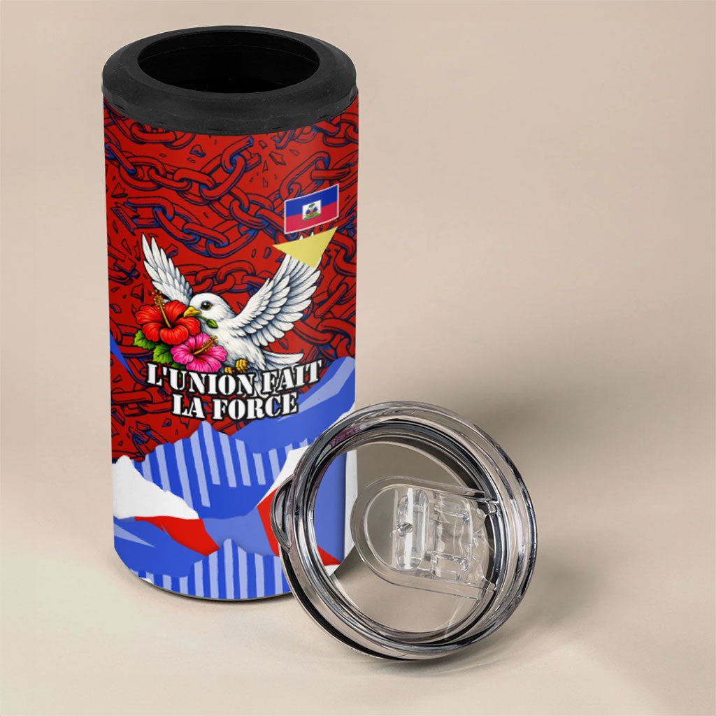 Haiti Flag Day Soul Of The Free L Union Fait La Force 4 in 1 Can Cooler Tumbler Peace Dove And Power Fist Art With Hibiscus And Broken Chains