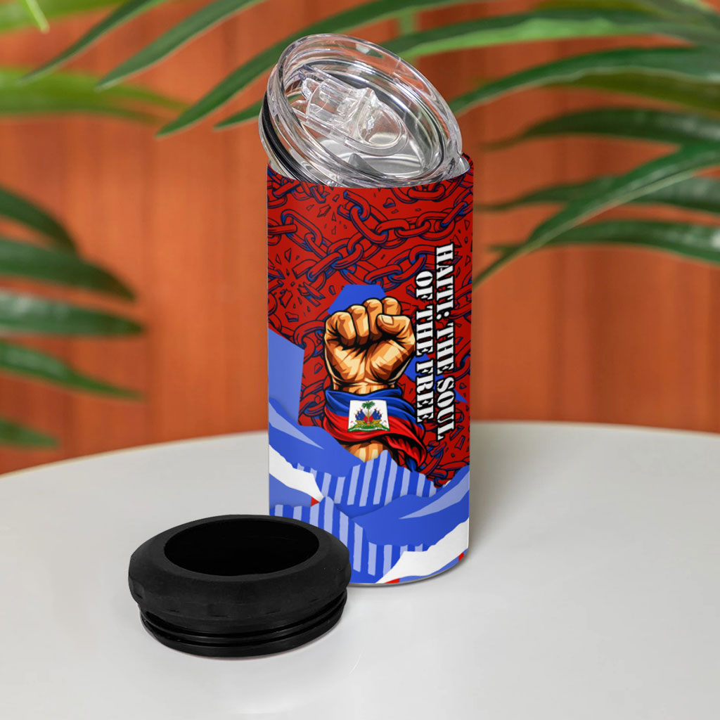 Haiti Flag Day Soul Of The Free L Union Fait La Force 4 in 1 Can Cooler Tumbler Peace Dove And Power Fist Art With Hibiscus And Broken Chains