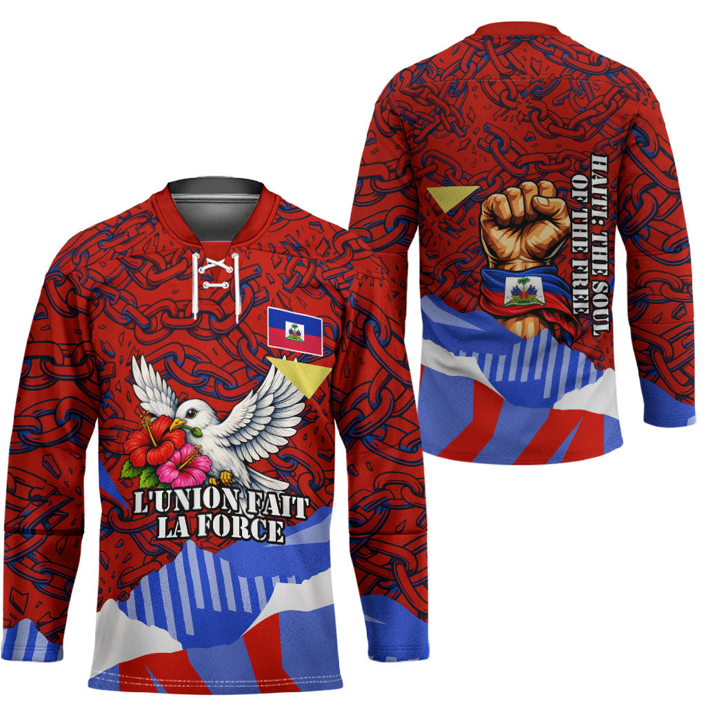 Haiti Flag Day Soul Of The Free L Union Fait La Force Hockey Jersey Peace Dove And Power Fist Art With Hibiscus And Broken Chains