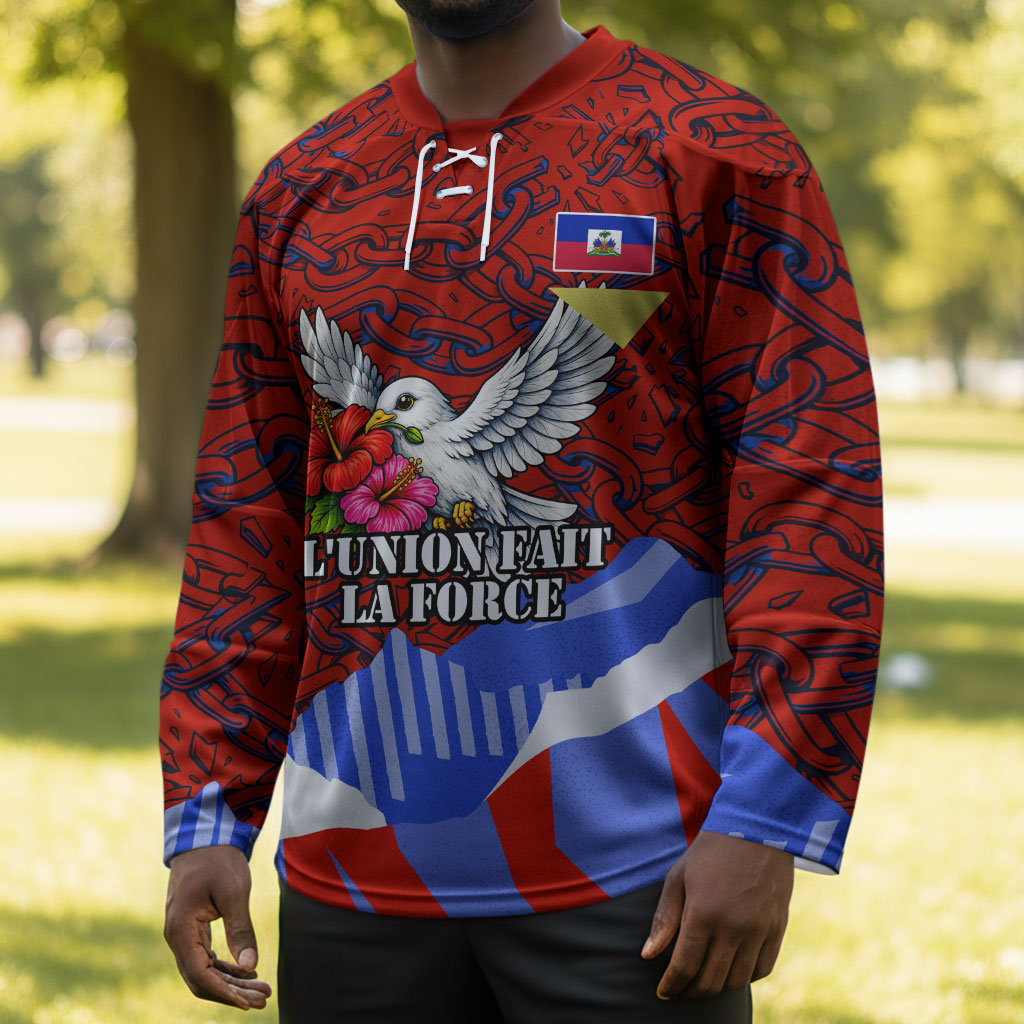 Haiti Flag Day Soul Of The Free L Union Fait La Force Hockey Jersey Peace Dove And Power Fist Art With Hibiscus And Broken Chains