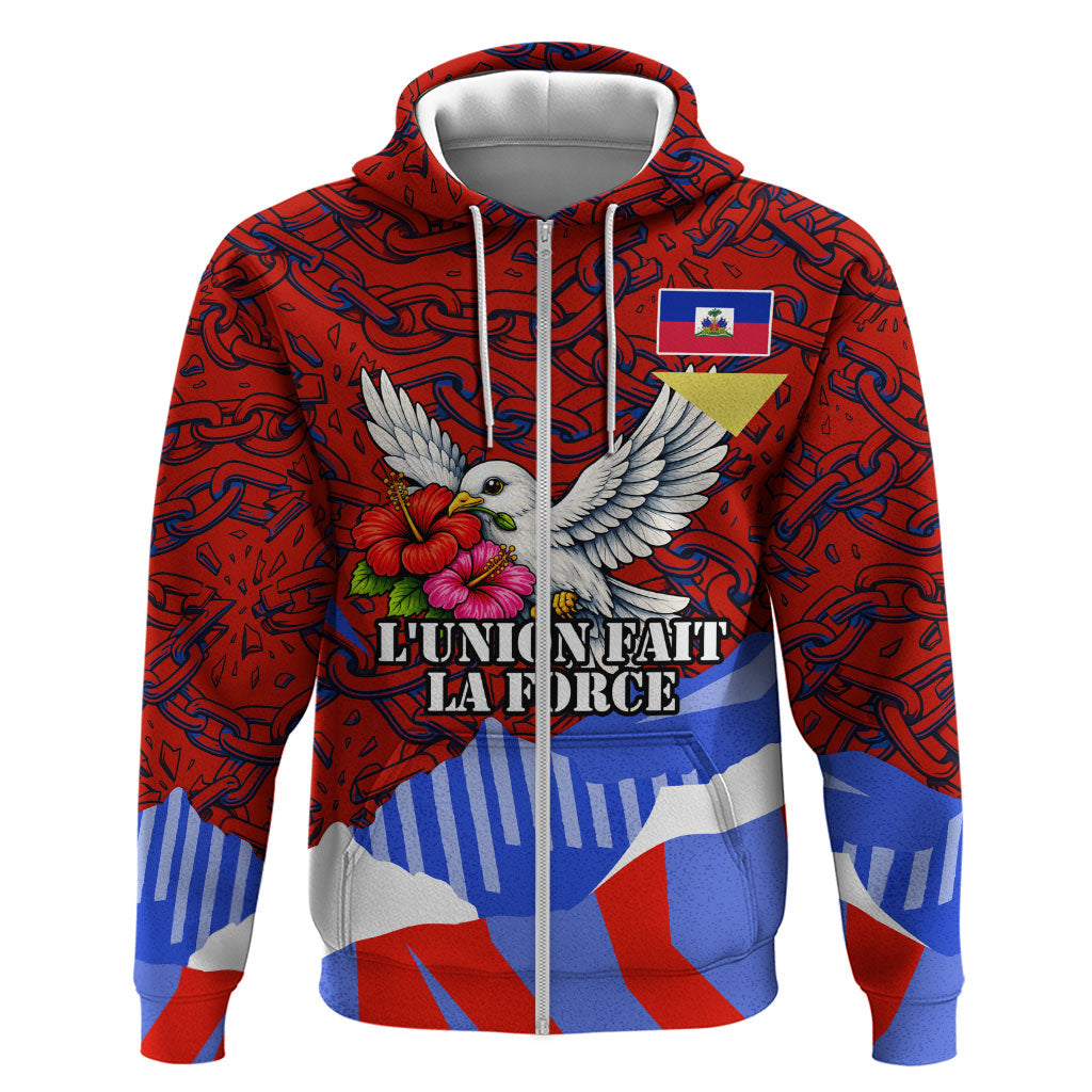Haiti Flag Day Soul Of The Free L Union Fait La Force Hoodie Peace Dove And Power Fist Art With Hibiscus And Broken Chains