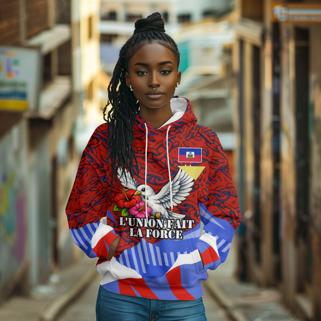Haiti Flag Day Soul Of The Free L Union Fait La Force Hoodie Peace Dove And Power Fist Art With Hibiscus And Broken Chains