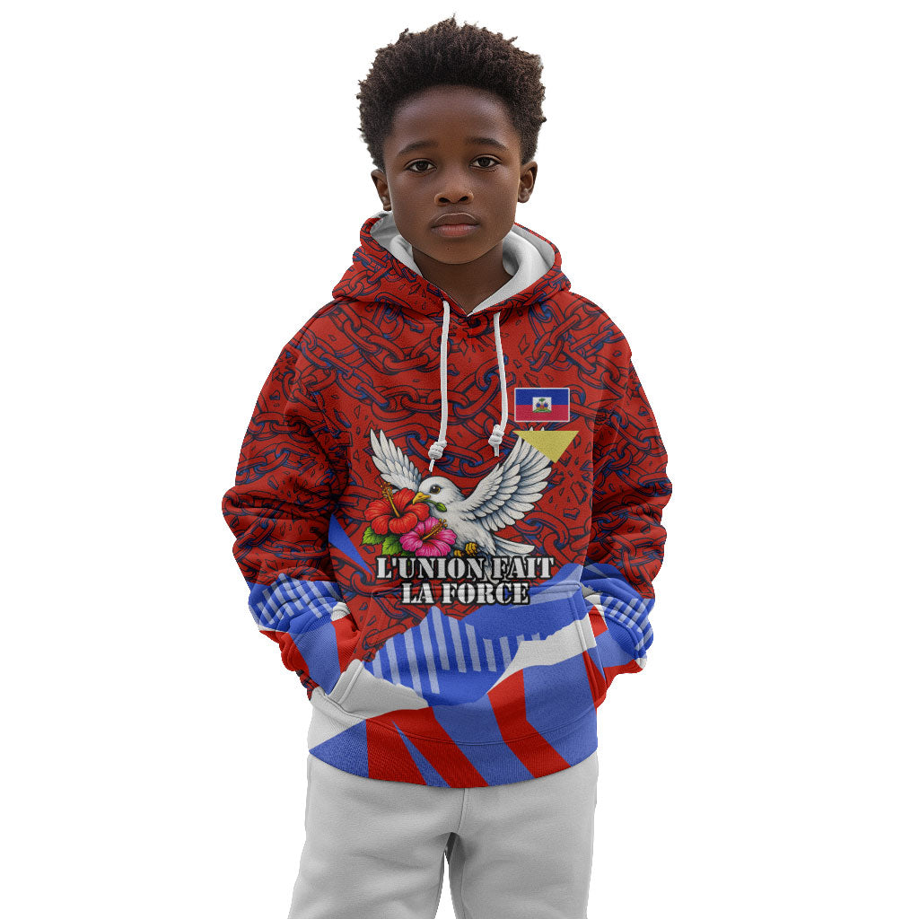 Haiti Flag Day Soul Of The Free L Union Fait La Force Kid Hoodie Peace Dove And Power Fist Art With Hibiscus And Broken Chains