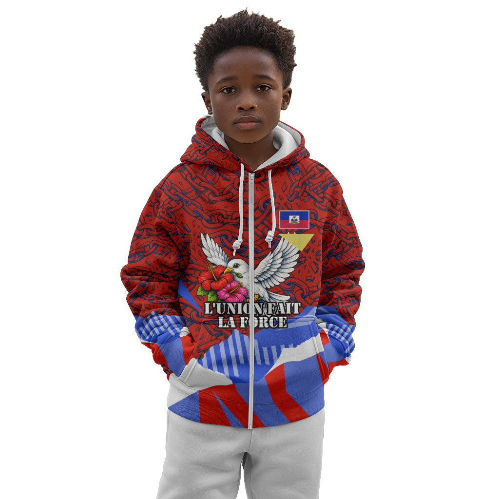 Haiti Flag Day Soul Of The Free L Union Fait La Force Kid Hoodie Peace Dove And Power Fist Art With Hibiscus And Broken Chains