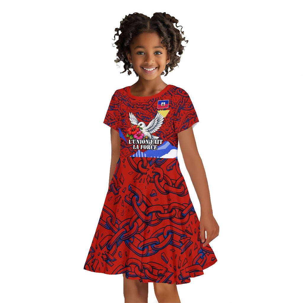 Haiti Flag Day Soul Of The Free L Union Fait La Force Kid Short Sleeve Dress Peace Dove And Power Fist Art With Hibiscus And Broken Chains