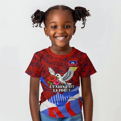Haiti Flag Day Soul Of The Free L Union Fait La Force Kid T shirt Peace Dove And Power Fist Art With Hibiscus And Broken Chains