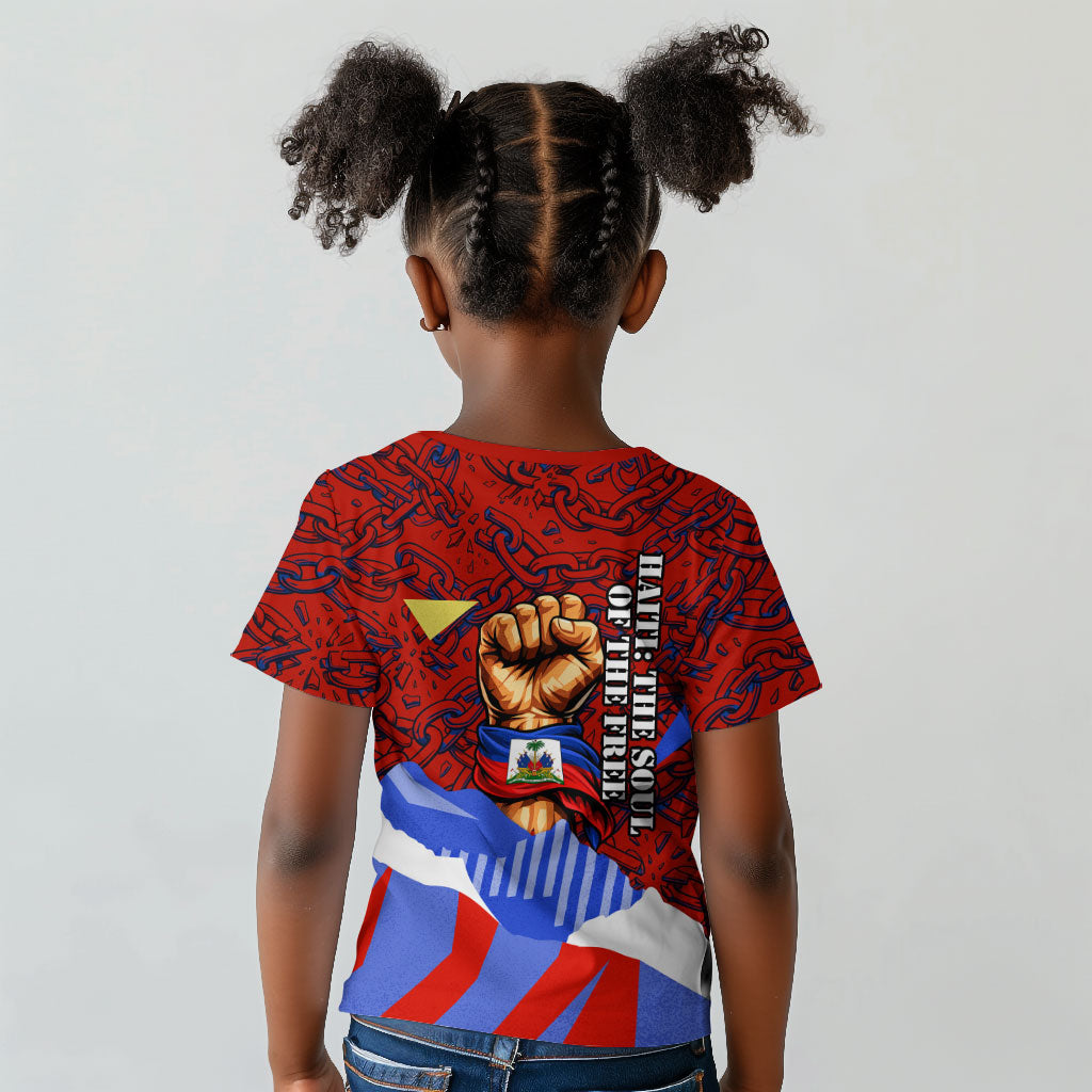 Haiti Flag Day Soul Of The Free L Union Fait La Force Kid T shirt Peace Dove And Power Fist Art With Hibiscus And Broken Chains