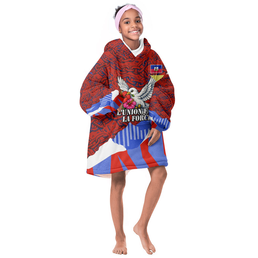 Haiti Flag Day Soul Of The Free L Union Fait La Force Kid Wearable Blanket Hoodie Peace Dove And Power Fist Art With Hibiscus And Broken Chains