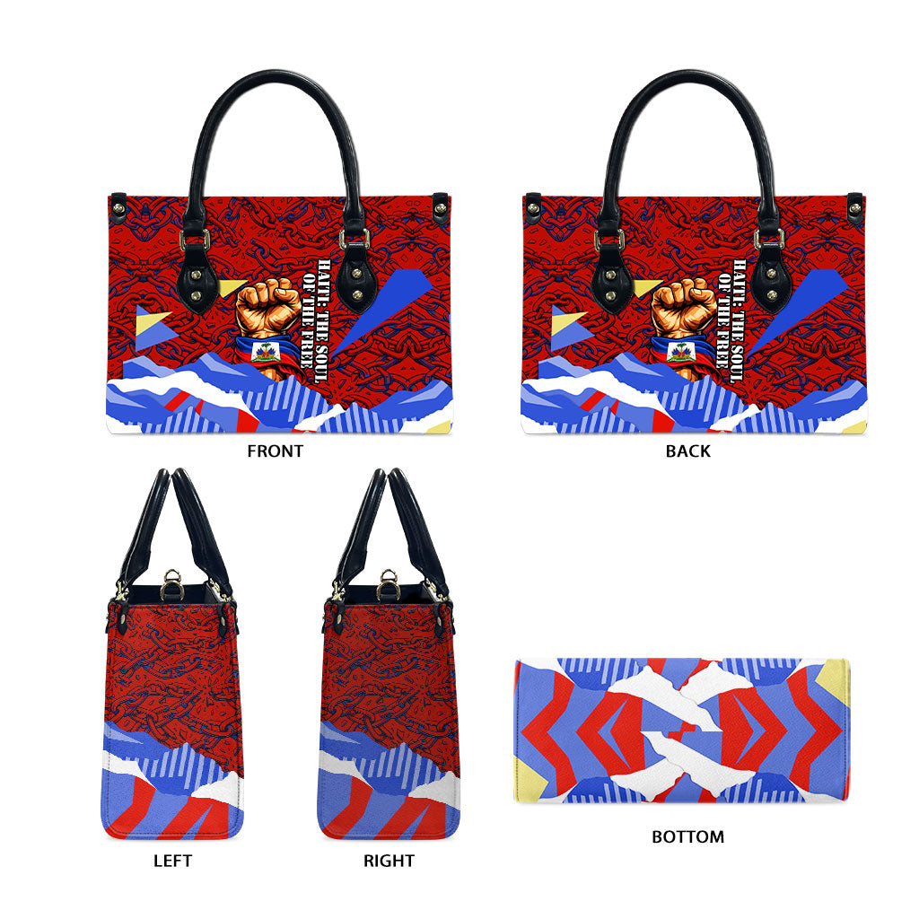 Haiti Flag Day Soul Of The Free L Union Fait La Force Leather Bag Peace Dove And Power Fist Art With Hibiscus And Broken Chains