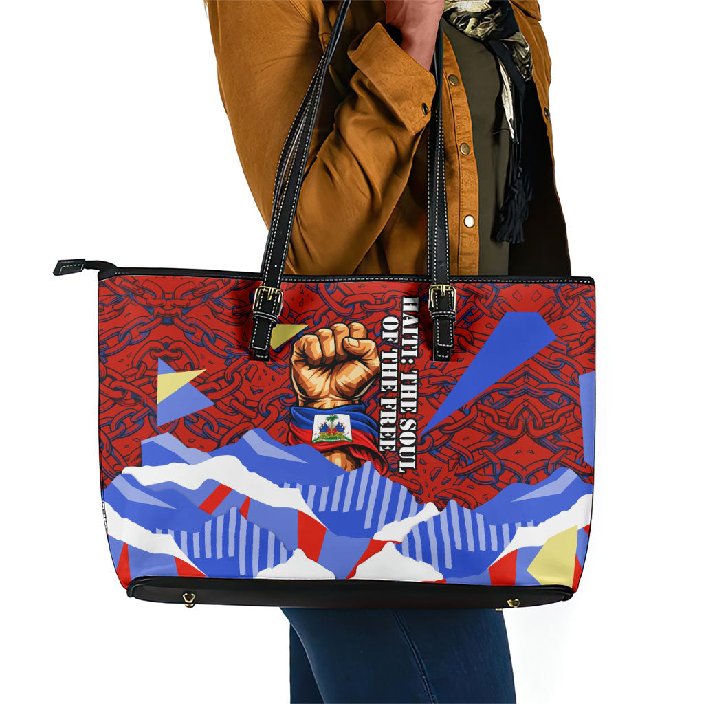 Haiti Flag Day Soul Of The Free L Union Fait La Force Leather Tote Bag Peace Dove And Power Fist Art With Hibiscus And Broken Chains