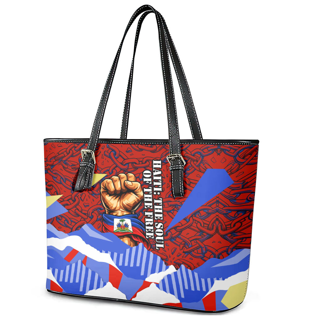 Haiti Flag Day Soul Of The Free L Union Fait La Force Leather Tote Bag Peace Dove And Power Fist Art With Hibiscus And Broken Chains
