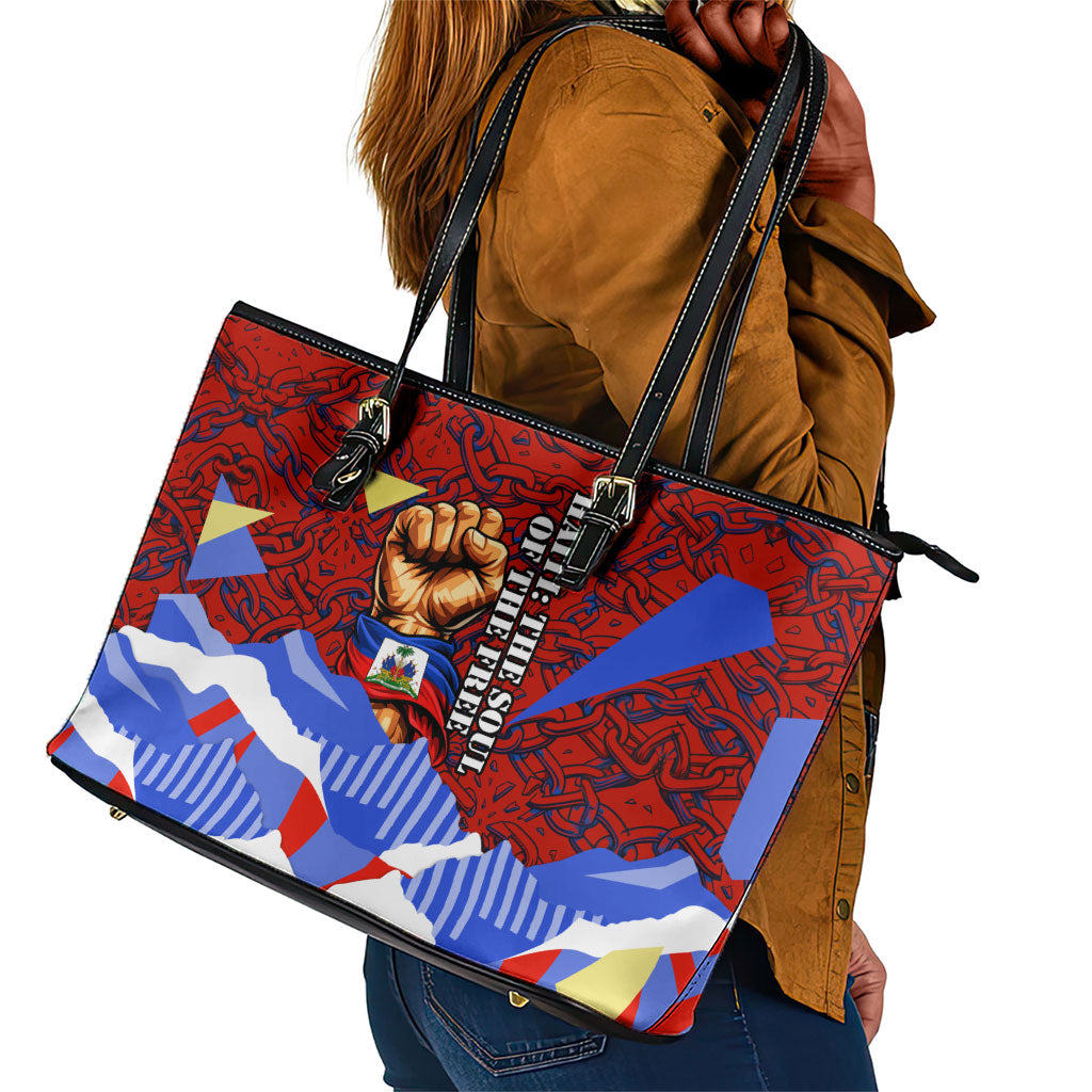 Haiti Flag Day Soul Of The Free L Union Fait La Force Leather Tote Bag Peace Dove And Power Fist Art With Hibiscus And Broken Chains