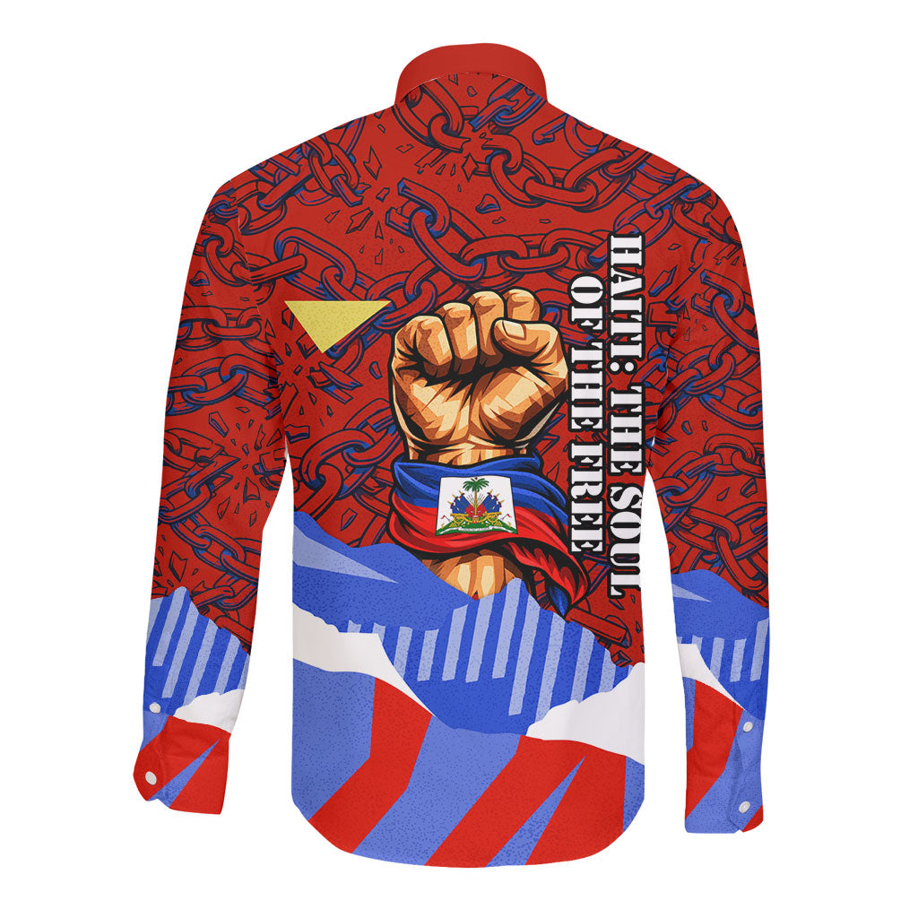 Haiti Flag Day Soul Of The Free L Union Fait La Force Long Sleeve Button Shirt Peace Dove And Power Fist Art With Hibiscus And Broken Chains
