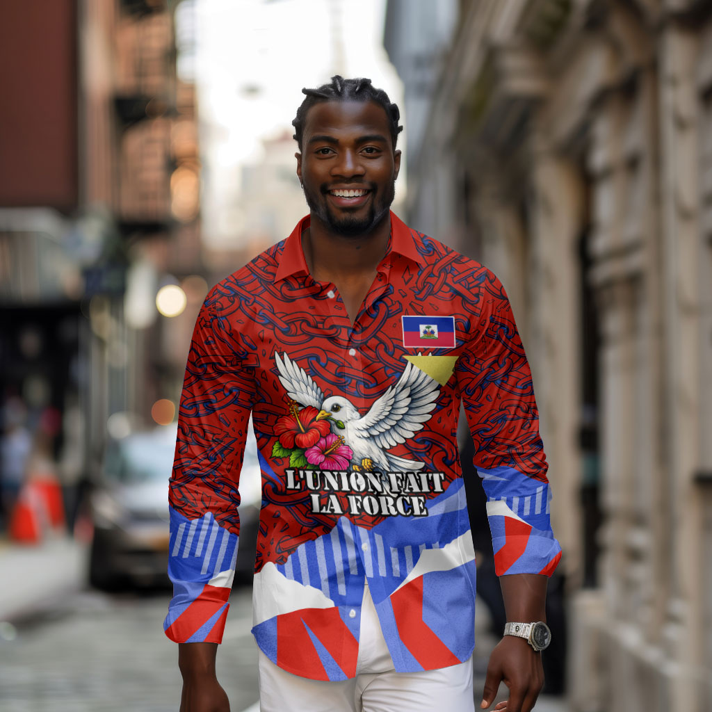 Haiti Flag Day Soul Of The Free L Union Fait La Force Long Sleeve Button Shirt Peace Dove And Power Fist Art With Hibiscus And Broken Chains
