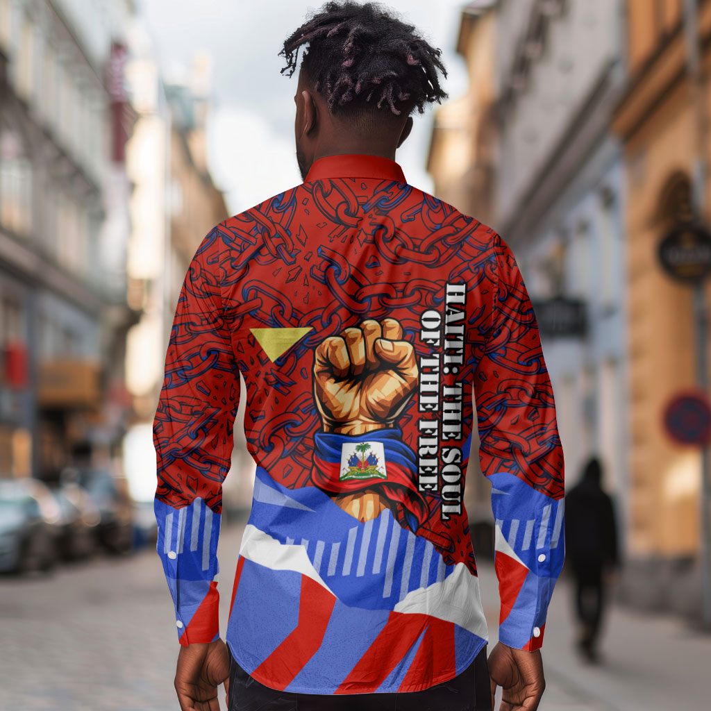 Haiti Flag Day Soul Of The Free L Union Fait La Force Long Sleeve Button Shirt Peace Dove And Power Fist Art With Hibiscus And Broken Chains