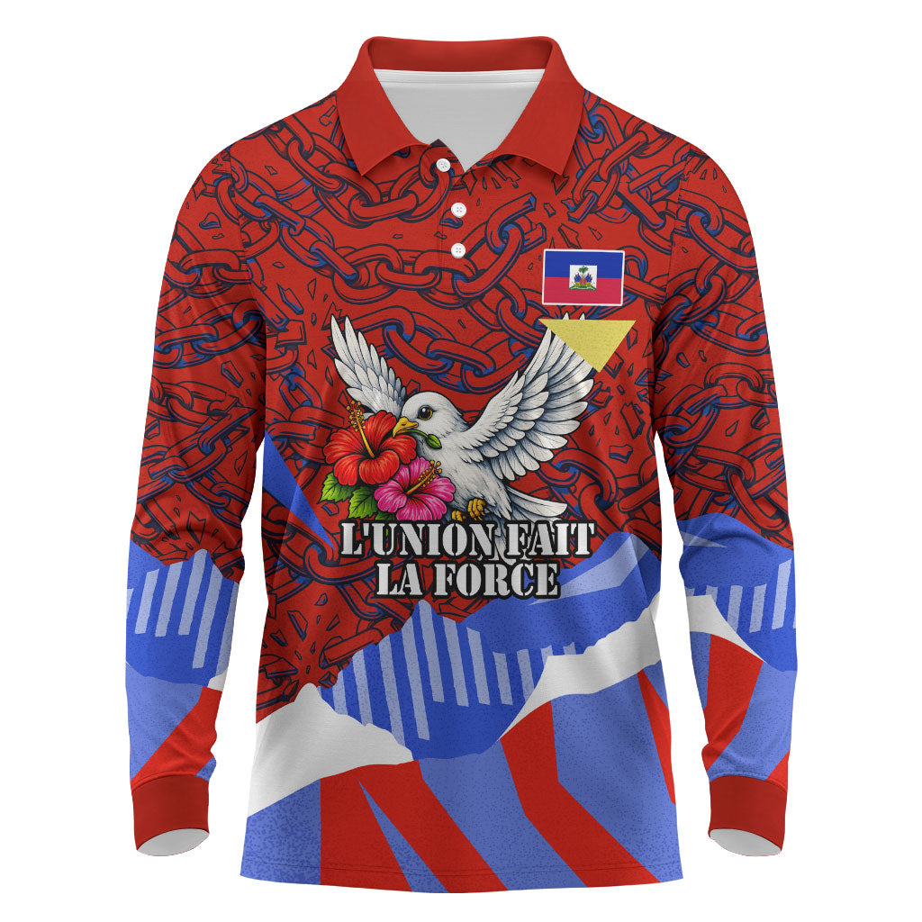 Haiti Flag Day Soul Of The Free L Union Fait La Force Long Sleeve Polo Shirt Peace Dove And Power Fist Art With Hibiscus And Broken Chains