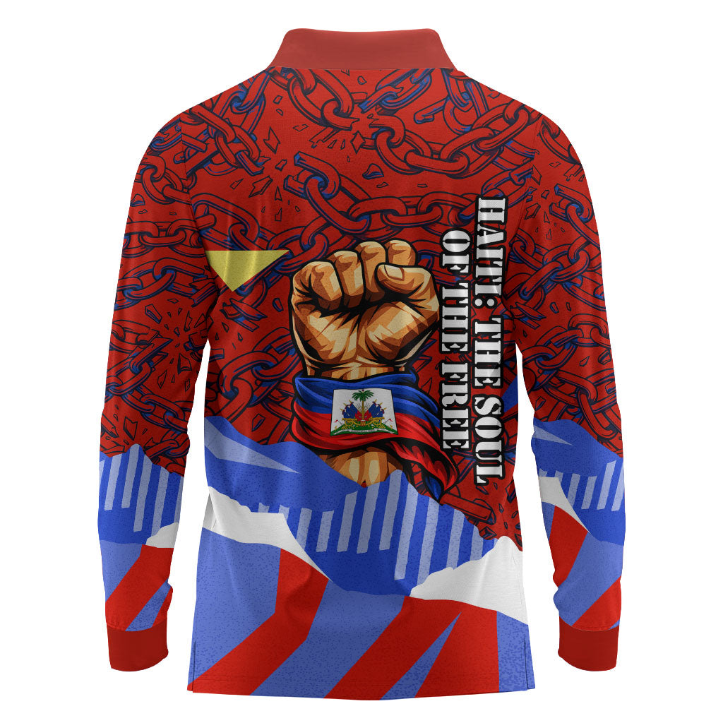 Haiti Flag Day Soul Of The Free L Union Fait La Force Long Sleeve Polo Shirt Peace Dove And Power Fist Art With Hibiscus And Broken Chains