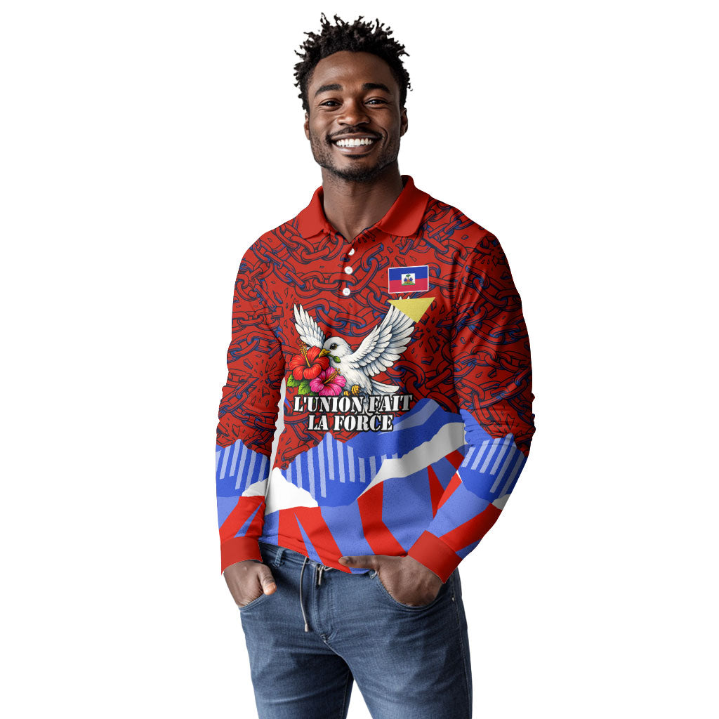 Haiti Flag Day Soul Of The Free L Union Fait La Force Long Sleeve Polo Shirt Peace Dove And Power Fist Art With Hibiscus And Broken Chains
