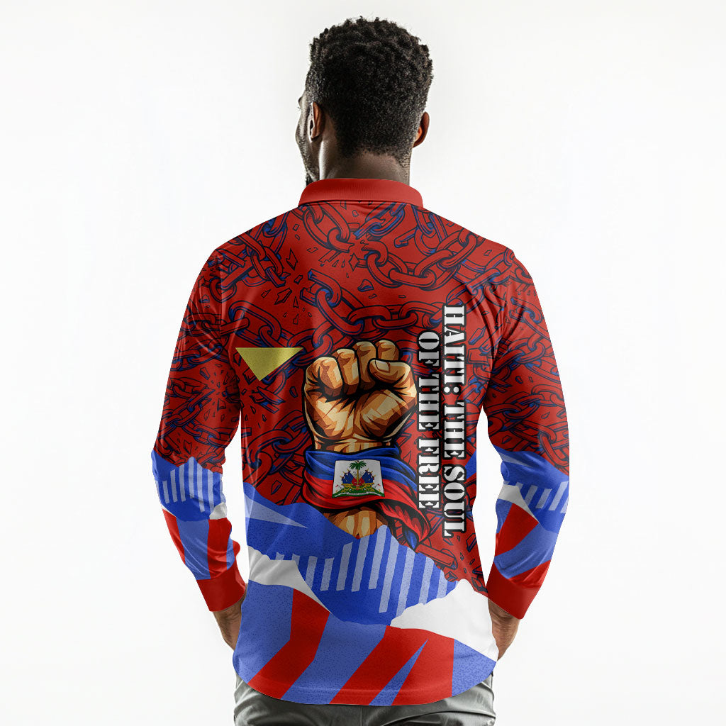 Haiti Flag Day Soul Of The Free L Union Fait La Force Long Sleeve Polo Shirt Peace Dove And Power Fist Art With Hibiscus And Broken Chains