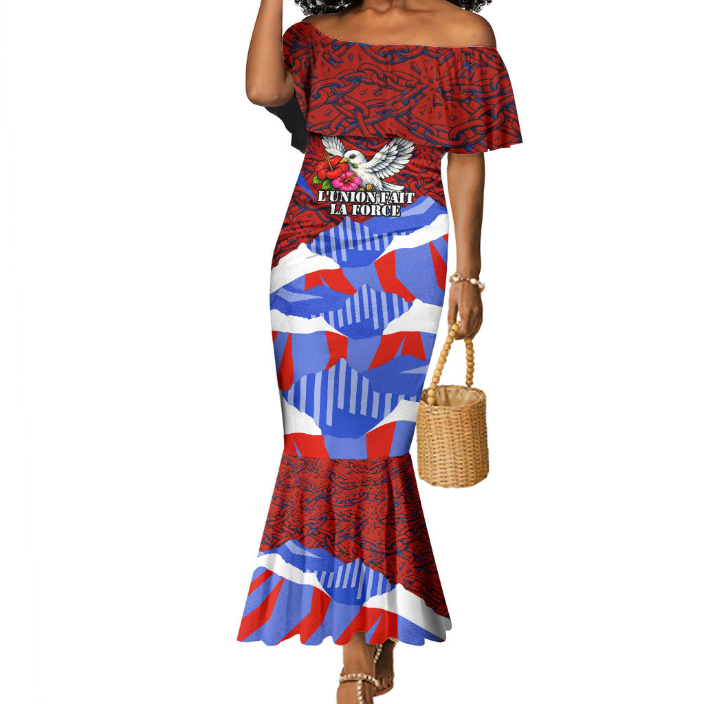 Haiti Flag Day Soul Of The Free L Union Fait La Force Mermaid Dress Peace Dove And Power Fist Art With Hibiscus And Broken Chains