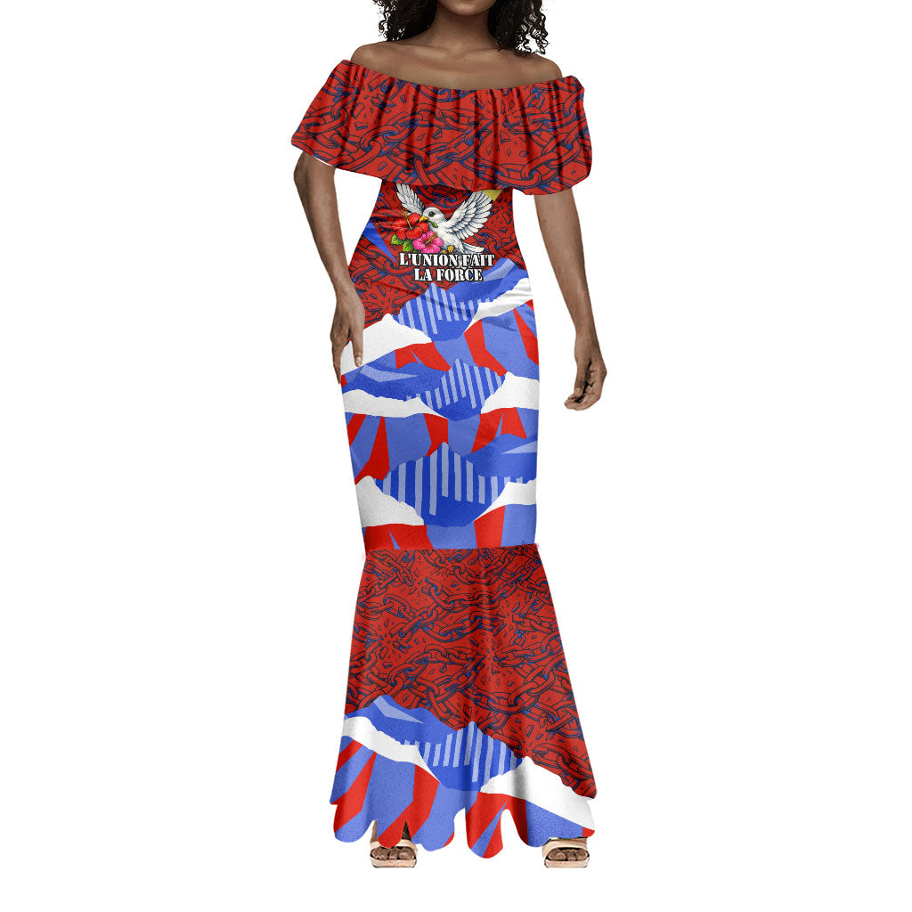 Haiti Flag Day Soul Of The Free L Union Fait La Force Mermaid Dress Peace Dove And Power Fist Art With Hibiscus And Broken Chains