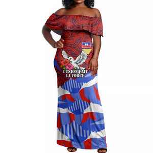 Haiti Flag Day Soul Of The Free L Union Fait La Force Off Shoulder Maxi Dress Peace Dove And Power Fist Art With Hibiscus And Broken Chains