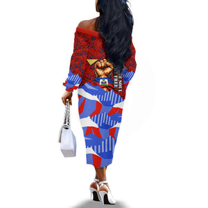 Haiti Flag Day Soul Of The Free L Union Fait La Force Off The Shoulder Long Sleeve Dress Peace Dove And Power Fist Art With Hibiscus And Broken Chains