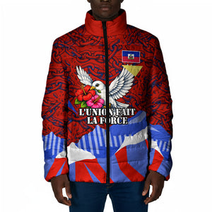 Haiti Flag Day Soul Of The Free L Union Fait La Force Padded Jacket Peace Dove And Power Fist Art With Hibiscus And Broken Chains
