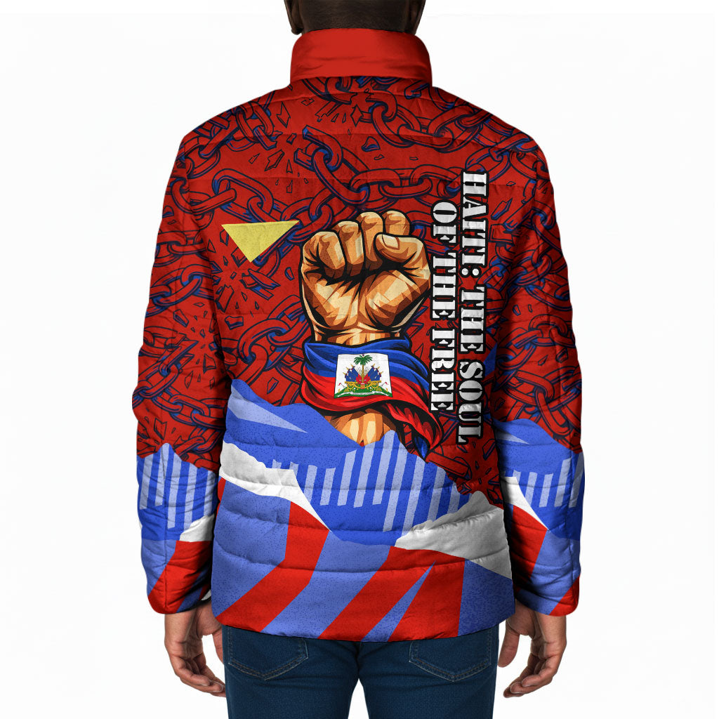 Haiti Flag Day Soul Of The Free L Union Fait La Force Padded Jacket Peace Dove And Power Fist Art With Hibiscus And Broken Chains