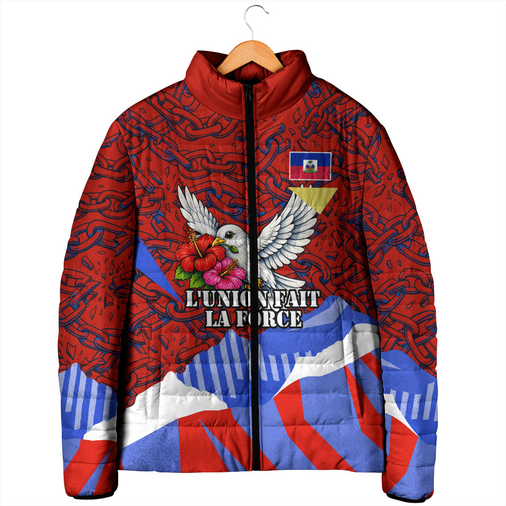 Haiti Flag Day Soul Of The Free L Union Fait La Force Padded Jacket Peace Dove And Power Fist Art With Hibiscus And Broken Chains