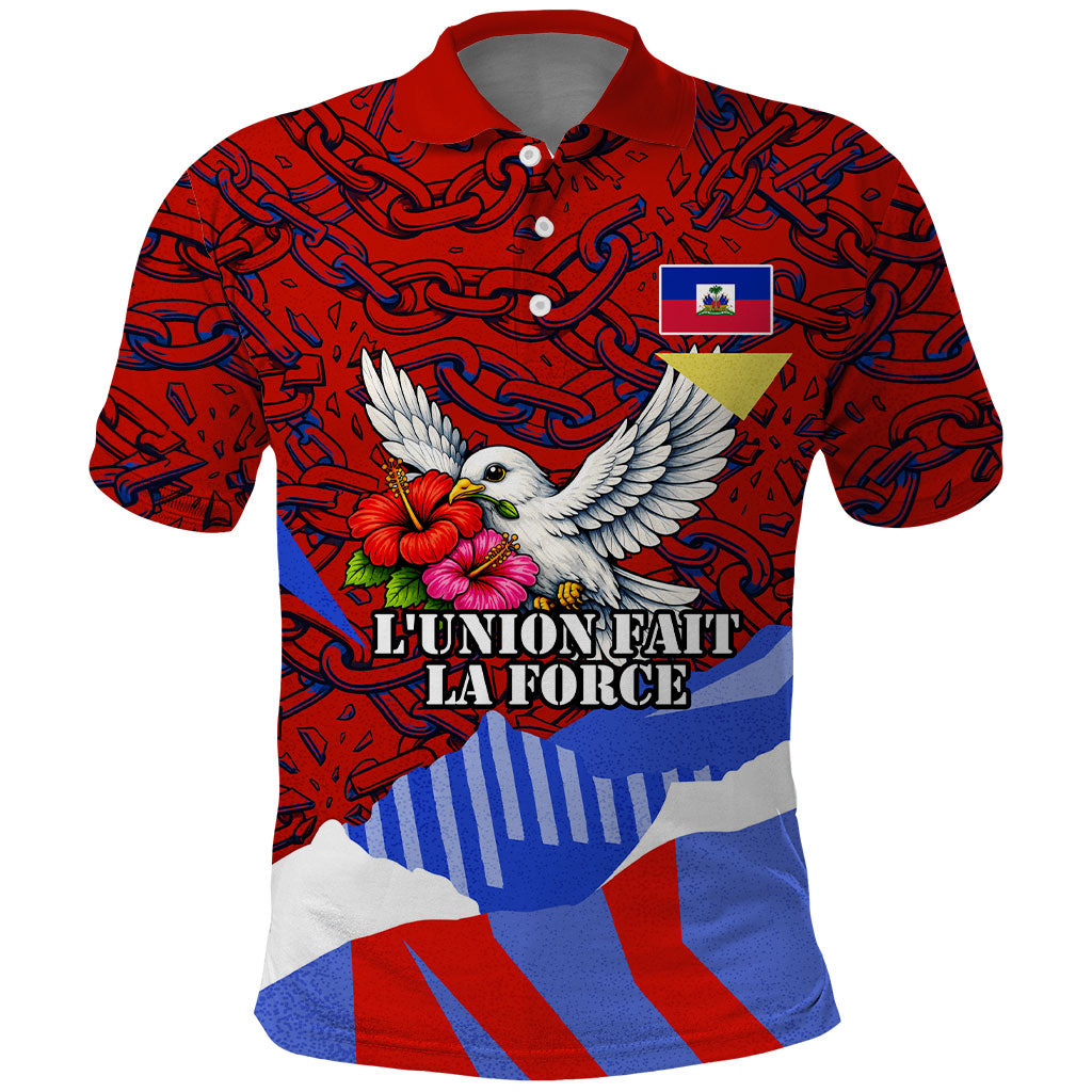 Haiti Flag Day Soul Of The Free L Union Fait La Force Polo Shirt Peace Dove And Power Fist Art With Hibiscus And Broken Chains