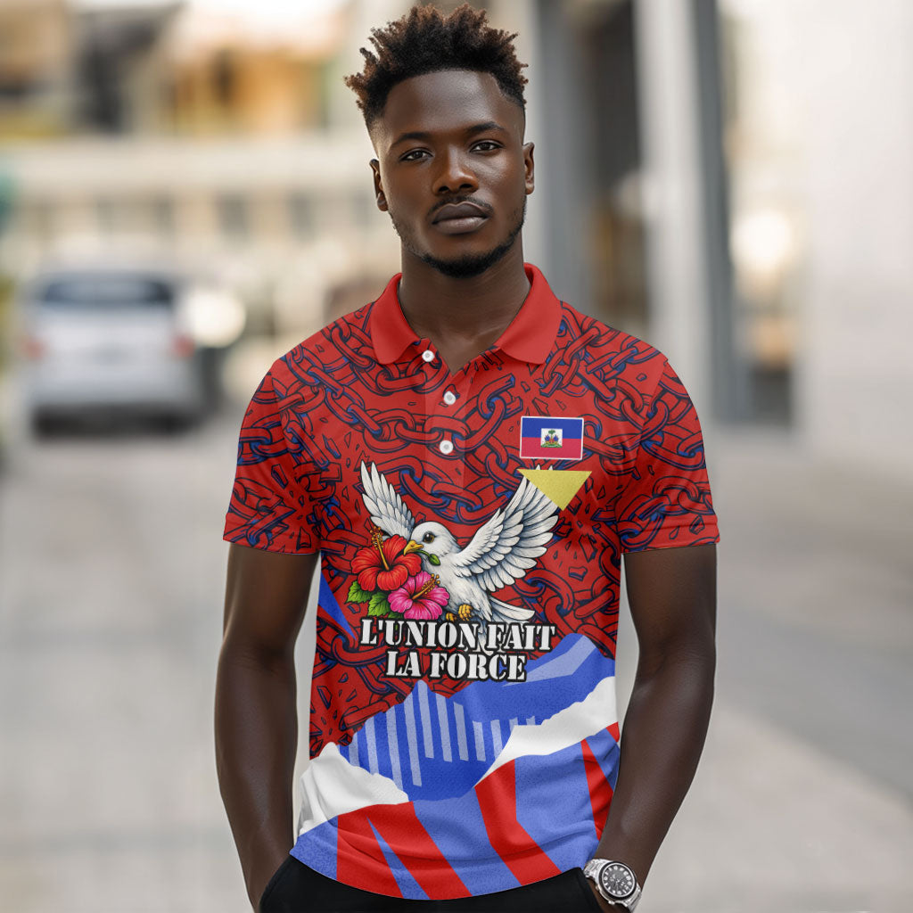 Haiti Flag Day Soul Of The Free L Union Fait La Force Polo Shirt Peace Dove And Power Fist Art With Hibiscus And Broken Chains