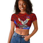 Haiti Flag Day Soul Of The Free L Union Fait La Force Raglan Cropped T shirt Peace Dove And Power Fist Art With Hibiscus And Broken Chains