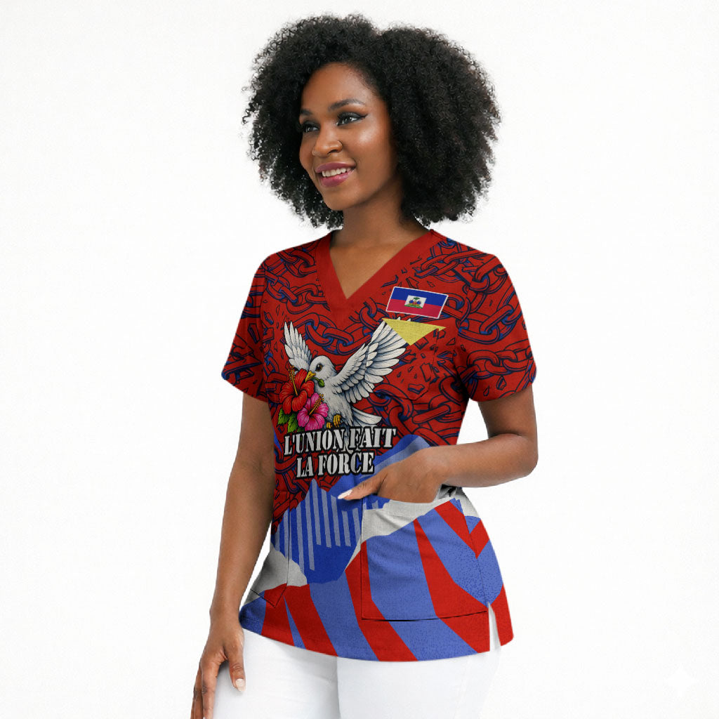 Haiti Flag Day Soul Of The Free L Union Fait La Force Scrub Top Peace Dove And Power Fist Art With Hibiscus And Broken Chains
