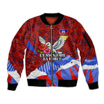 Haiti Flag Day Soul Of The Free L Union Fait La Force Sleeve Zip Bomber Jacket Peace Dove And Power Fist Art With Hibiscus And Broken Chains
