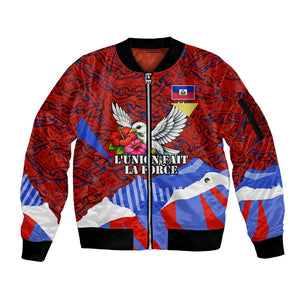 Haiti Flag Day Soul Of The Free L Union Fait La Force Sleeve Zip Bomber Jacket Peace Dove And Power Fist Art With Hibiscus And Broken Chains