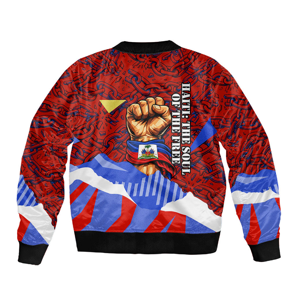 Haiti Flag Day Soul Of The Free L Union Fait La Force Sleeve Zip Bomber Jacket Peace Dove And Power Fist Art With Hibiscus And Broken Chains