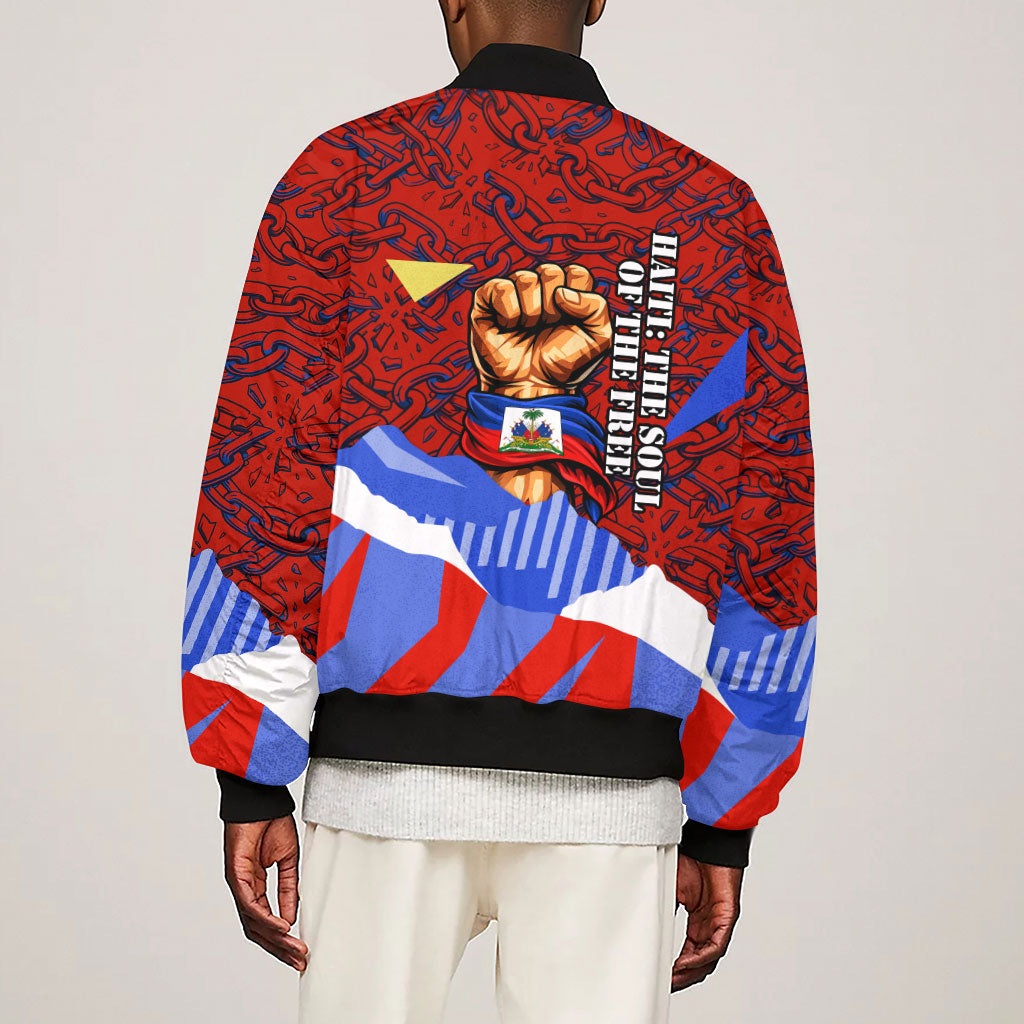 Haiti Flag Day Soul Of The Free L Union Fait La Force Sleeve Zip Bomber Jacket Peace Dove And Power Fist Art With Hibiscus And Broken Chains