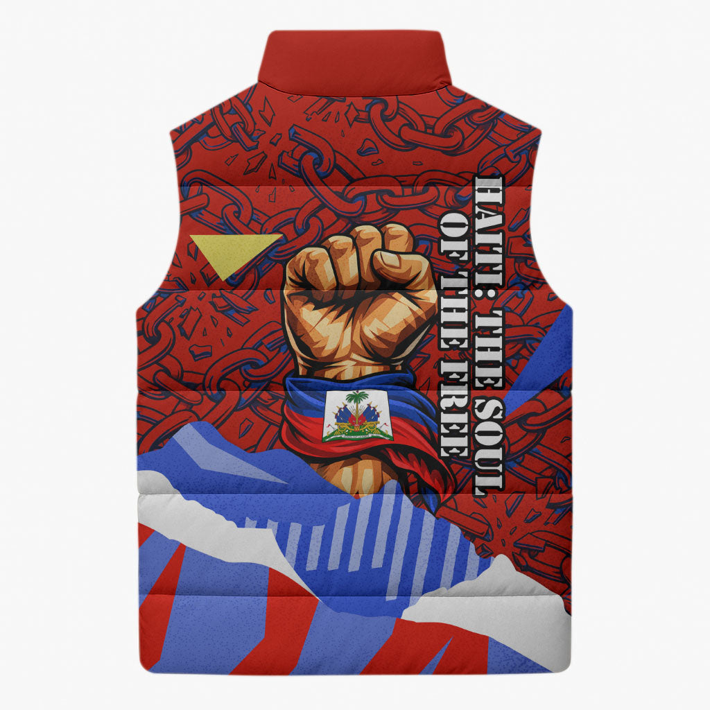 Haiti Flag Day Soul Of The Free L Union Fait La Force Sleeveless Puffer Jacket Peace Dove And Power Fist Art With Hibiscus And Broken Chains