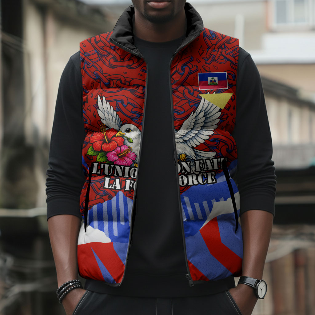 Haiti Flag Day Soul Of The Free L Union Fait La Force Sleeveless Puffer Jacket Peace Dove And Power Fist Art With Hibiscus And Broken Chains