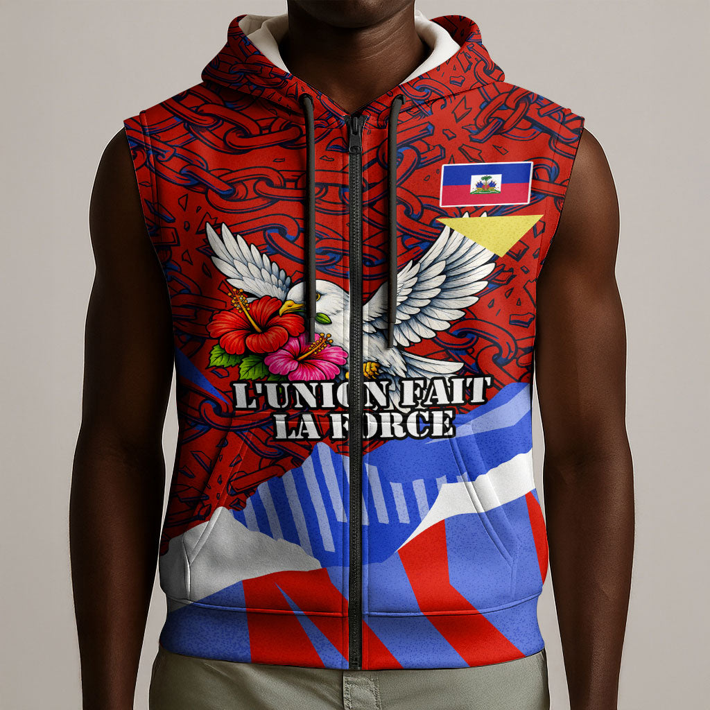 Haiti Flag Day Soul Of The Free L Union Fait La Force Sleeveless Zip Hoodie Peace Dove And Power Fist Art With Hibiscus And Broken Chains