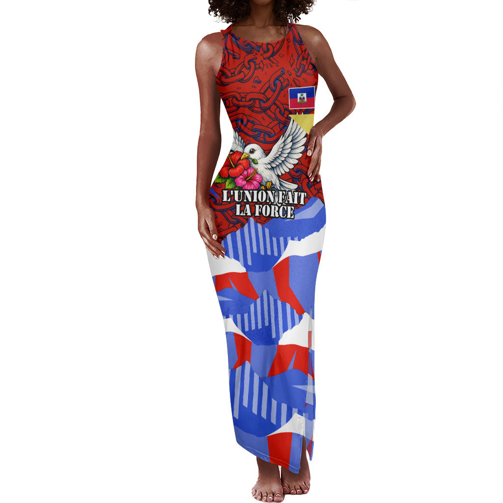 Haiti Flag Day Soul Of The Free L Union Fait La Force Tank Maxi Dress Peace Dove And Power Fist Art With Hibiscus And Broken Chains