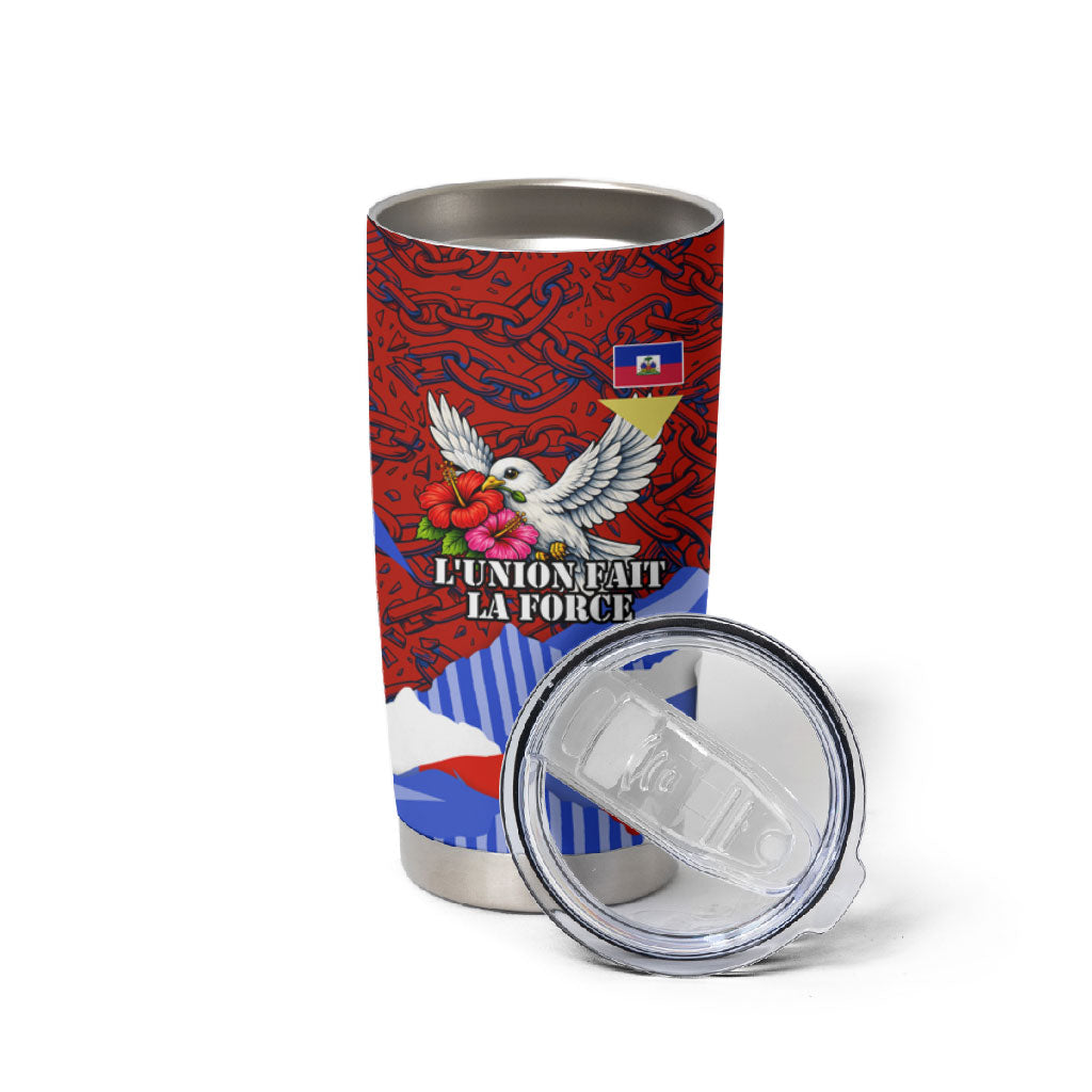 Haiti Flag Day Soul Of The Free L Union Fait La Force Tumbler Cup Peace Dove And Power Fist Art With Hibiscus And Broken Chains