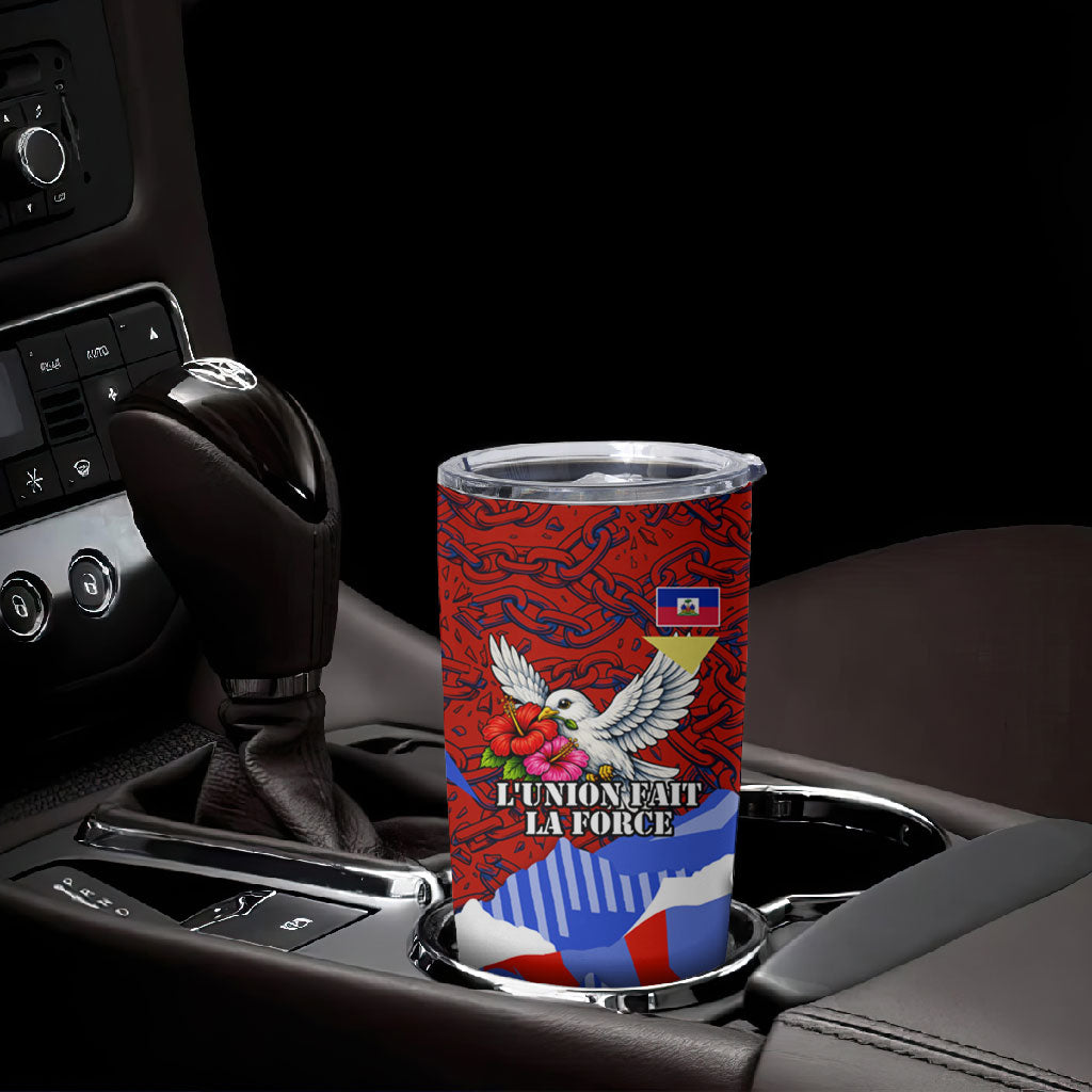 Haiti Flag Day Soul Of The Free L Union Fait La Force Tumbler Cup Peace Dove And Power Fist Art With Hibiscus And Broken Chains